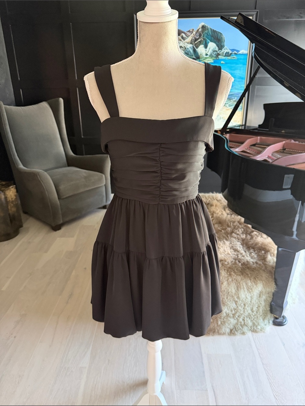 TCEC Black Square-Neck Ruched Bodice Tiered Mini Dress